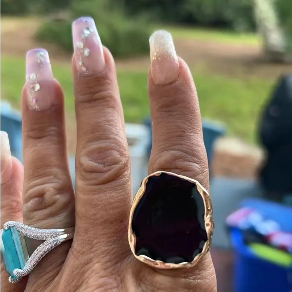 New Yellow Gold Plated Black Statement Retro Chunky Resin Acrylic Ring - Picture 6 of 7